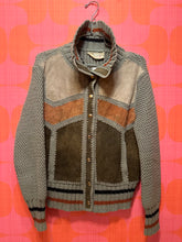 Load image into Gallery viewer, 70s patchwork suede knit metal button snap sweater
