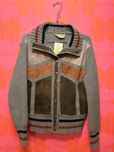 Load image into Gallery viewer, 70s patchwork suede knit metal button snap sweater
