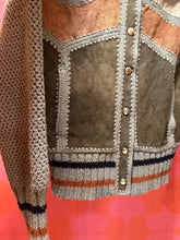 Load image into Gallery viewer, 70s patchwork suede knit metal button snap sweater
